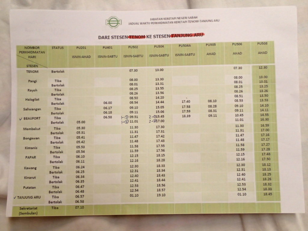 North Borneo Railway timetable 1